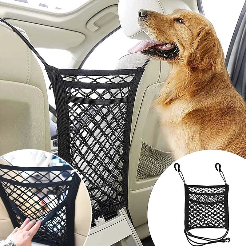 Dog Car Net Barrier with Bag – Rear Seat Safety & Storage