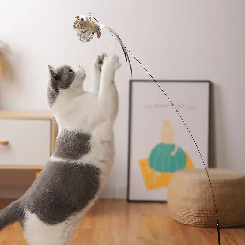 Interactive Feather Bird Cat Toy with Bell - Teaser Wand for Kittens